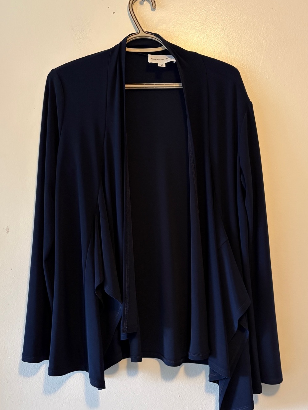 Compli K Dark Navy Blue Open-Front Draped Cardigan Size Medium Long Sleeve - Picture 2 of 7